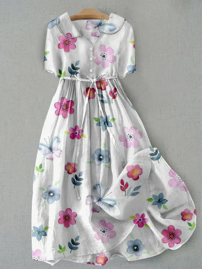 Lyric - Trendy Snøre Liv Floral Print Kjole