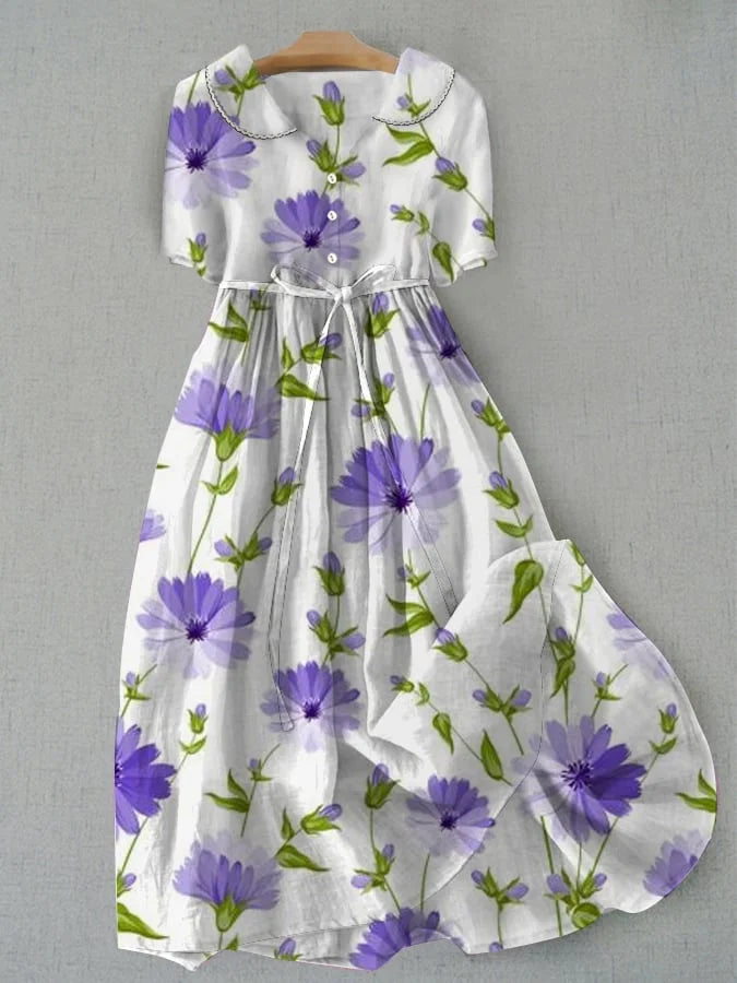 Sage - Retro Snøre Liv Halv Ærme Blomsterkjole