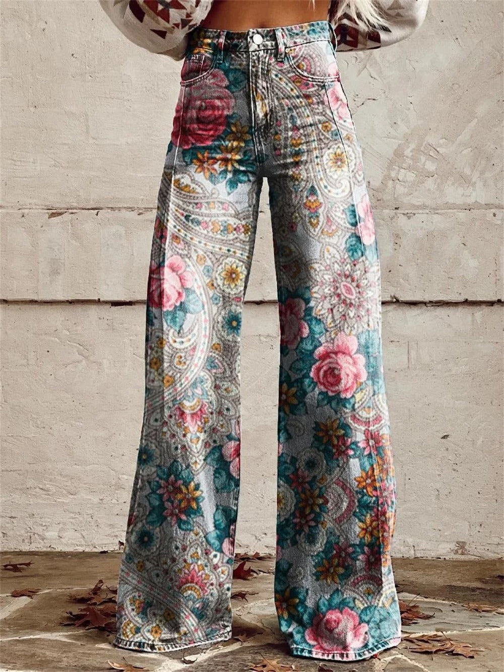 Ditte™ - Vintage Farverige Blomstertrykte Bredbenede Bukser