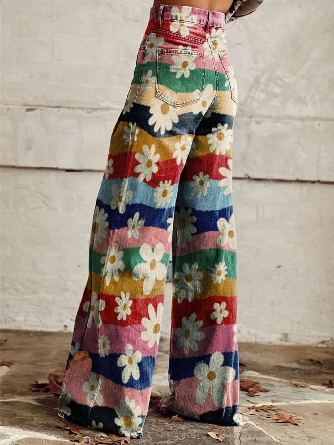 Lily™ - Vintage Farverig Stribet Blomstertrykt Bred Ben Bukser