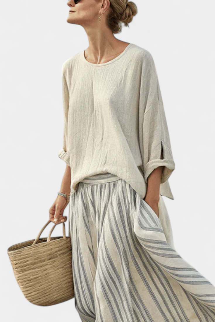 Elegant og Komfortabel Fuld Casual Daisy Sæt: Oversized Bluse med Stribet Midi Nederdel