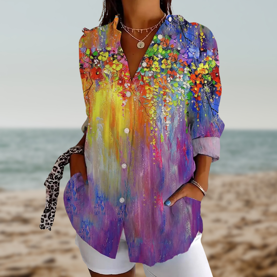 Esmerina™ – blomstrede grafisk bluse med krave