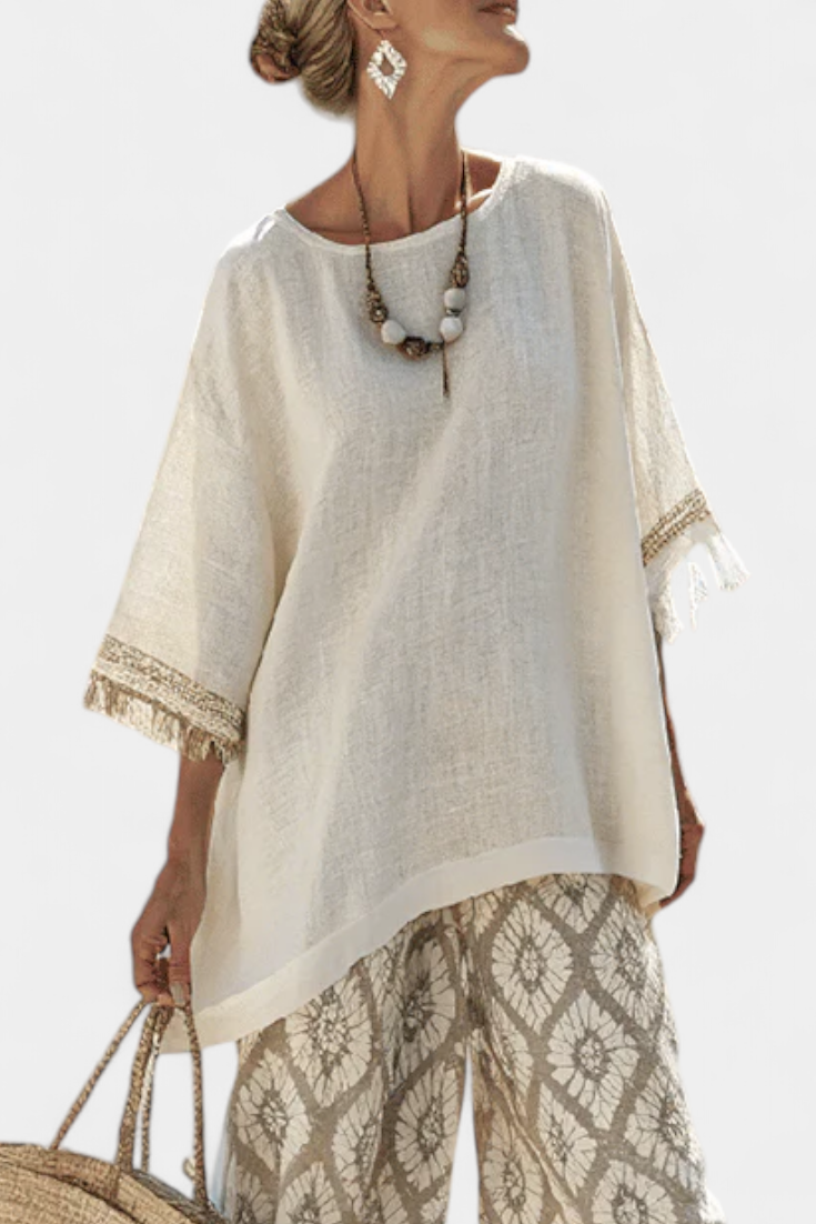Boho Chic Daisy Sæt: Lang Skjorte og Trykte Bukser for et Distinkt Look