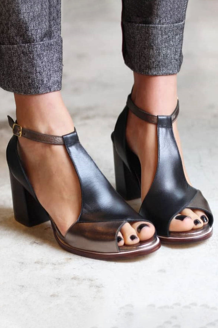Nadaria - Sorte patchwork peep-toe sandaler med hæle