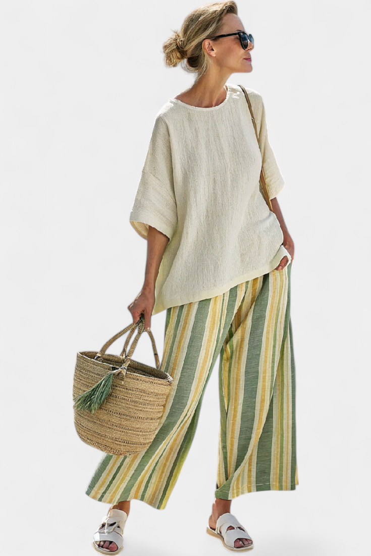 Daisy Middelhavssæt med Olivengrønne Striber for et Elegant og Frisk Look