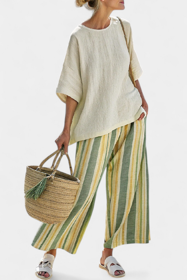 Daisy Middelhavssæt med Olivengrønne Striber for et Elegant og Frisk Look
