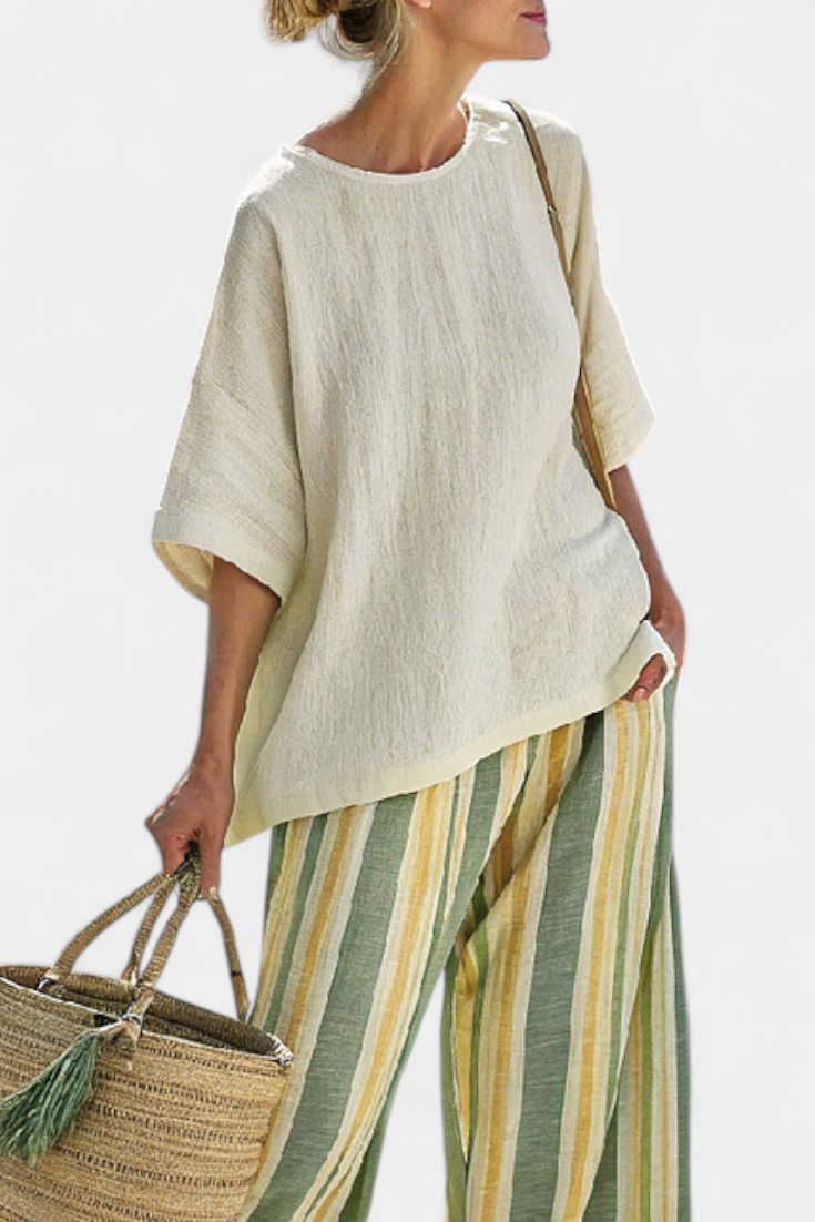 Daisy Middelhavssæt med Olivengrønne Striber for et Elegant og Frisk Look