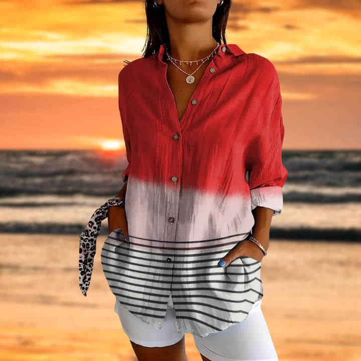 Zarelia™ – farvegradient bluse med stribet kant