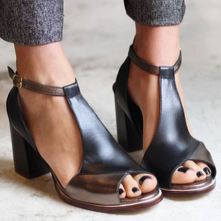 Nadaria - Sorte patchwork peep-toe sandaler med hæle