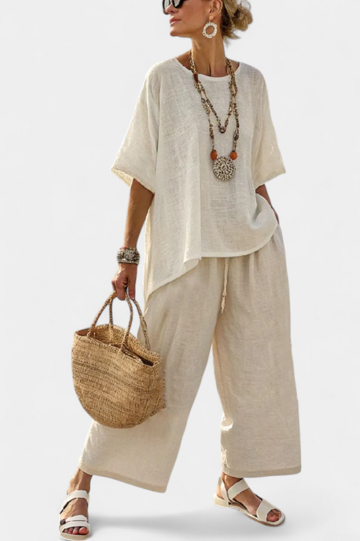 Ubesværet Minimalistisk Daisy Sæt: Oversized Bluse og Bredbenede Bukser i Naturlige Nuancer til et Chic, Elegant Udseende